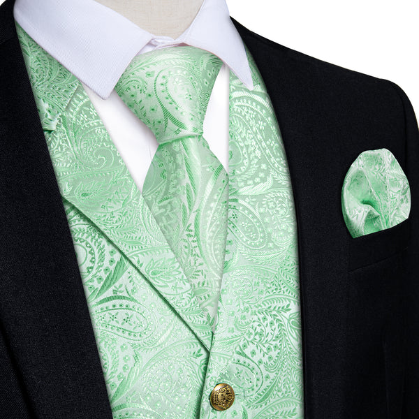 Ties2you Men's Vest Mint Green Paisley Notched Collar Vest Tie Hanky Cufflinks Set Waistcoat Suit Set