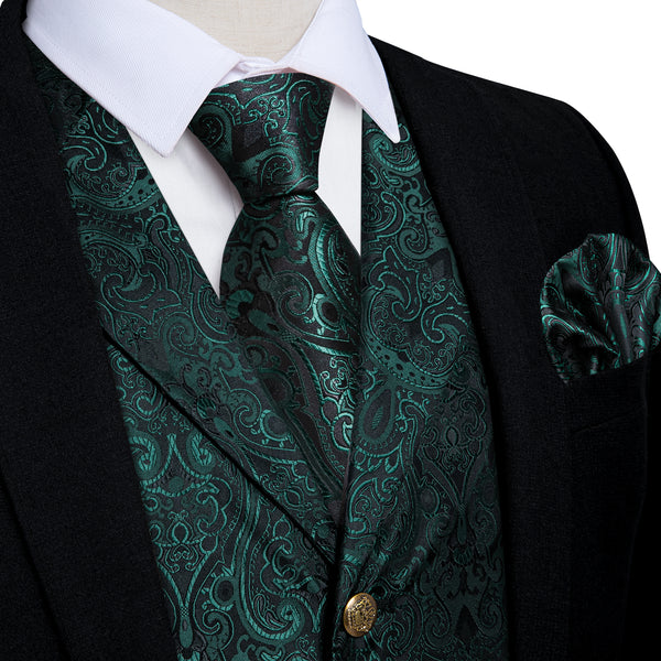 Black Green Luxury Paisley Jacquard Men's Collar Vest Tie Hanky Cufflinks Suit Set