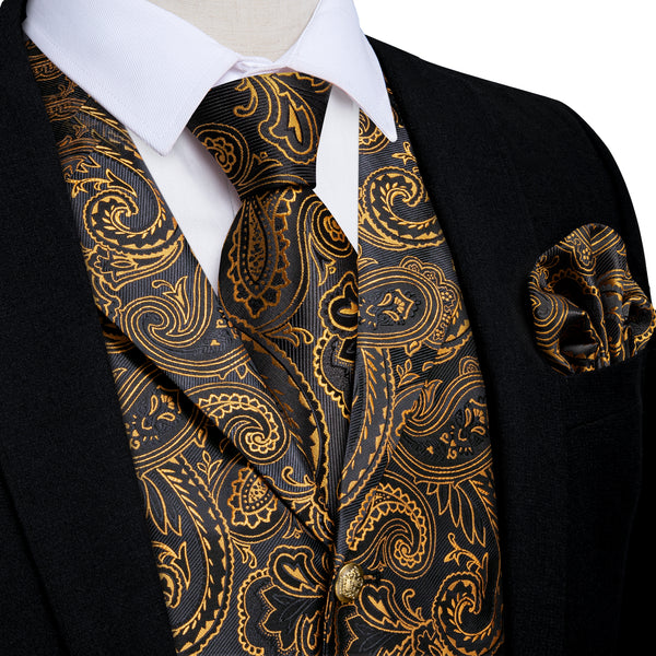 Black Gold Luxury Paisley Jacquard Men's Collar Vest Tie Hanky Cufflinks Suit Set