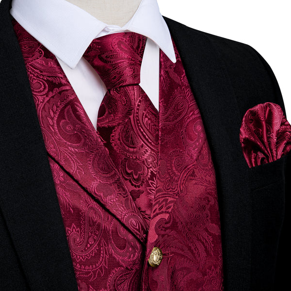 fashion Burgundy Red tux paisley floral vest tie pocket square cufflinks set