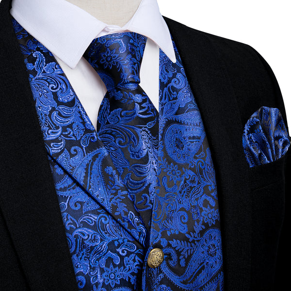 Royal Blue Luxury Paisley Jacquard Men's Collar Vest Tie Hanky Cufflinks Suit Set