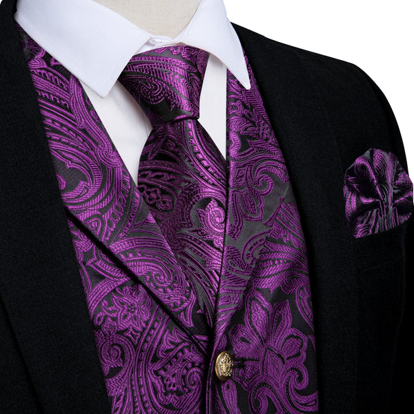 Black Purple Luxury Paisley Jacquard Men's Collar Vest Tie Hanky Cufflinks Suit Set