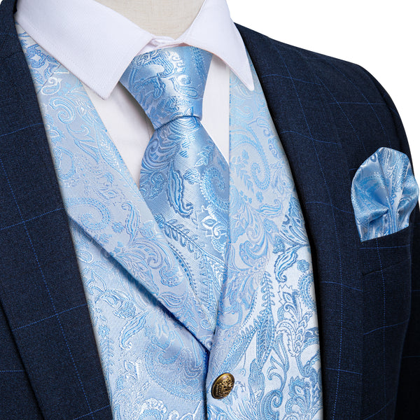 Baby Blue Luxury Paisley Jacquard Men's Collar Vest Tie Hanky Cufflinks Suit Set