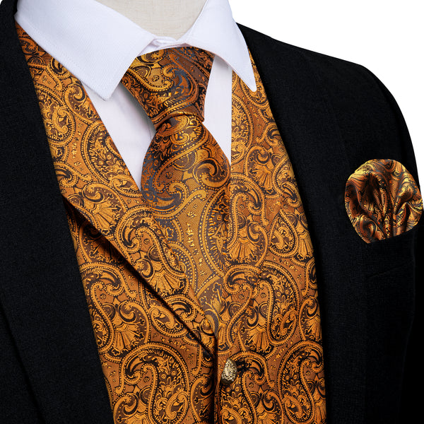 Golden Luxury Paisley Jacquard Men's Collar Vest Tie Hanky Cufflinks Suit Set