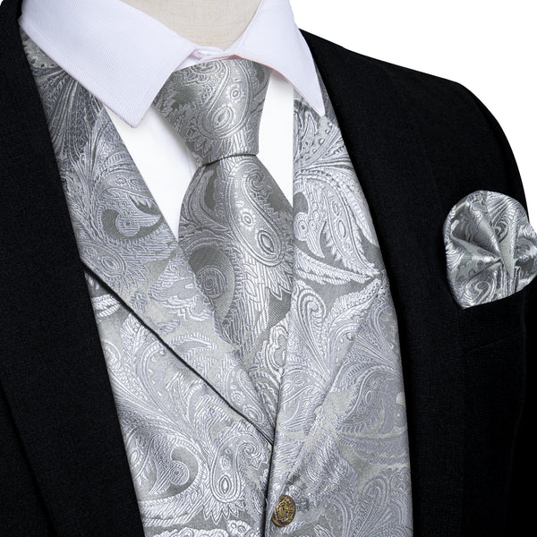 Classic Silver Luxury Paisley Jacquard Men's Collar Vest Tie Hanky Cufflinks Suit Set