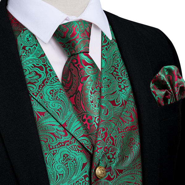 Green Red Luxury Paisley Jacquard Men's Collar Vest Tie Hanky Cufflinks Suit Set