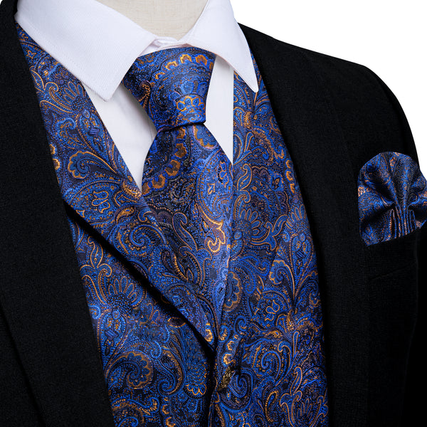 Dark Blue Yellow Luxury Paisley Jacquard Men's Collar Vest Tie Hanky Cufflinks Suit Set