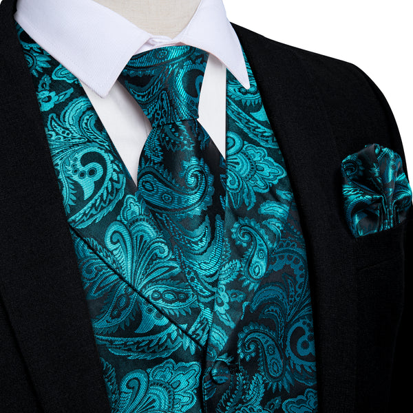 Turquoise Luxury Paisley Jacquard Men's Collar Vest Tie Hanky Cufflinks Suit Set