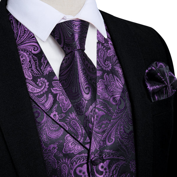 Classic Indigo Purple Luxury Paisley Jacquard Men's Collar Vest Tie Hanky Cufflinks Suit Set