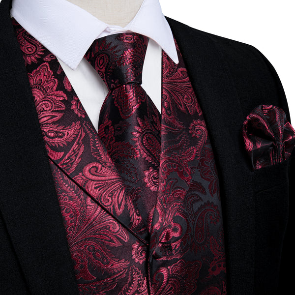 Burgundy Red Luxury Paisley Jacquard Men's Collar Vest Tie Hanky Cufflinks Suit Set