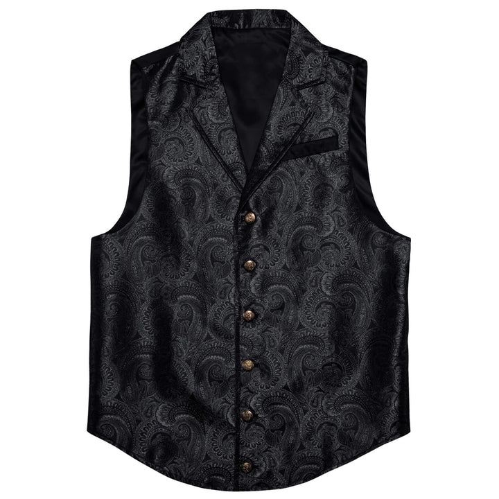 Black Jacquard Silk Notched Collar Suit Vest