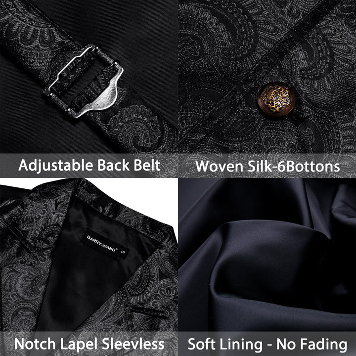 Black Jacquard Silk Notched Collar Suit Vest