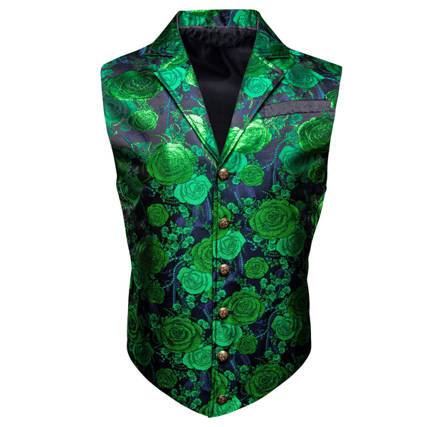  Green Woven Floral Silk Notch Collar Vest