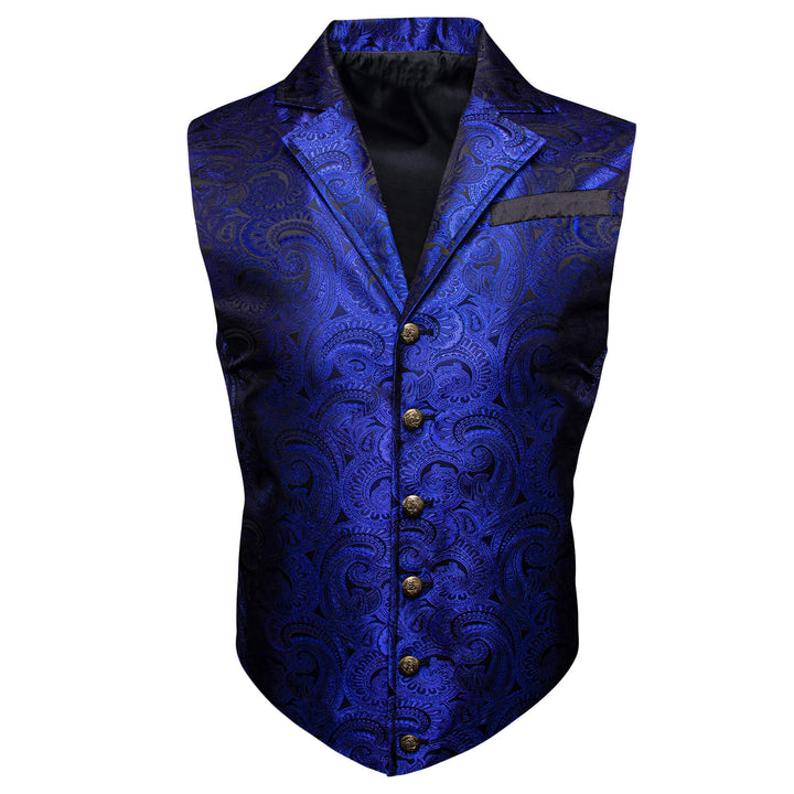  Medium Blue Jacquard Silk Notched Collar Suit Vest