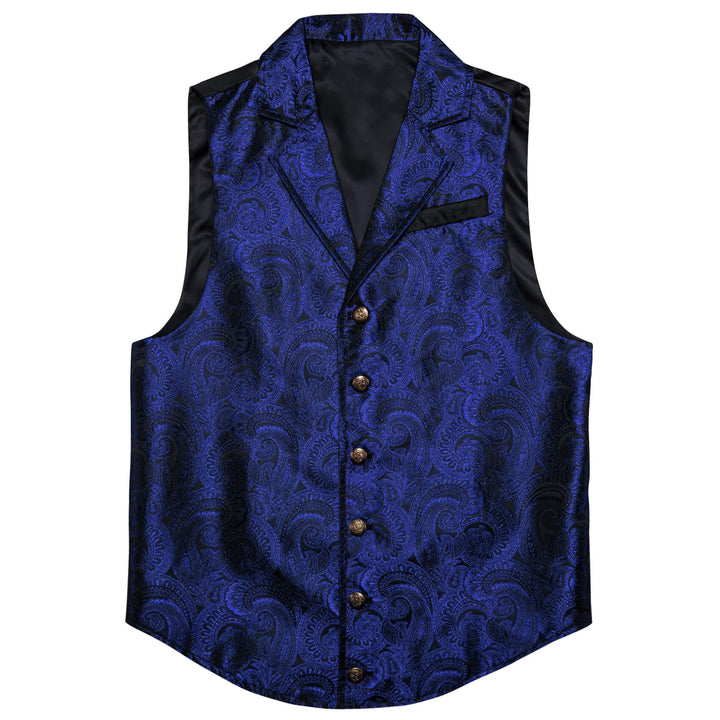  Medium Blue Jacquard Silk Notched Collar Suit Vest
