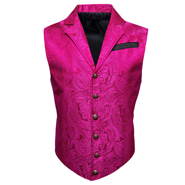Hot Pink Floral Silk Notched Collar Vest