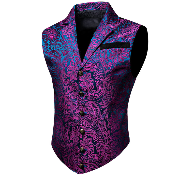 Purple Blue Floral Silk Notch Collar Vest