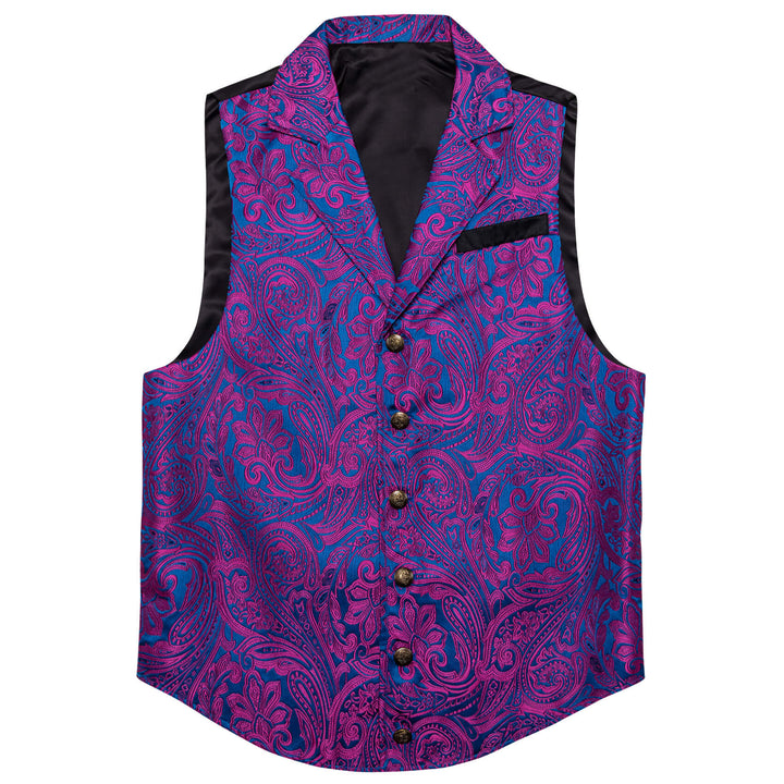 Purple Blue Floral Silk Notch Collar Vest