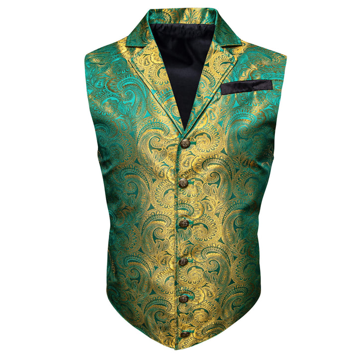  Teal Olive Drab Green Jacquard Silk Collar Suit Vest