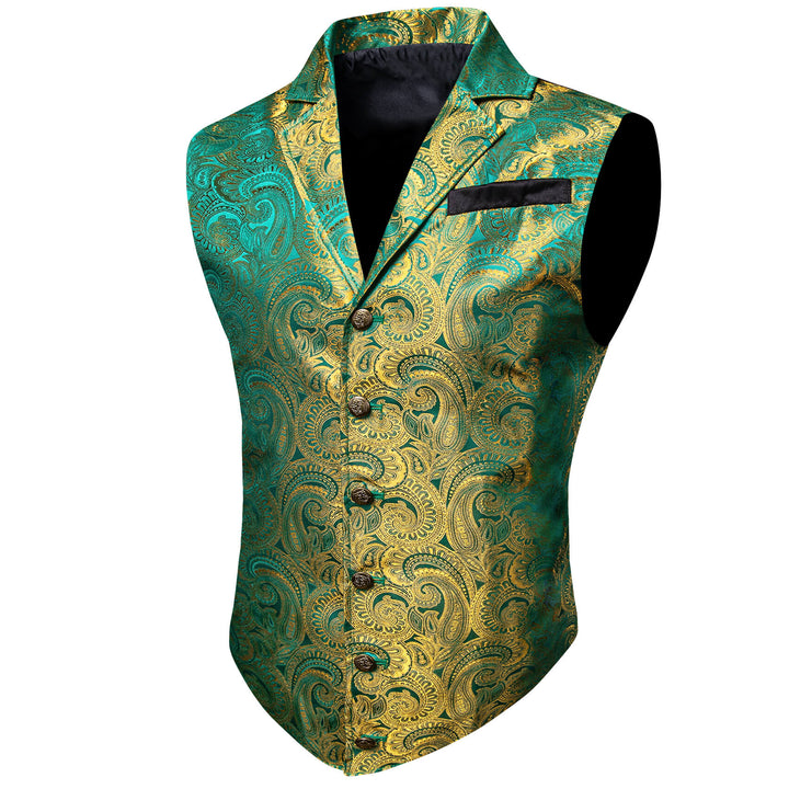  Teal Olive Drab Green Jacquard Silk Collar Suit Vest
