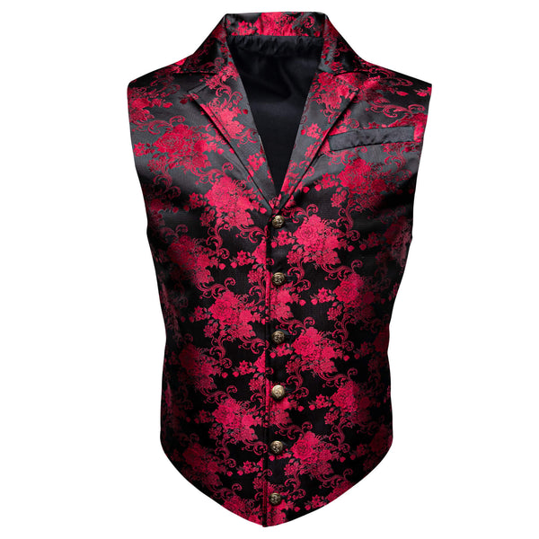 Red Jacquard Floral Silk Notch Collar Vest