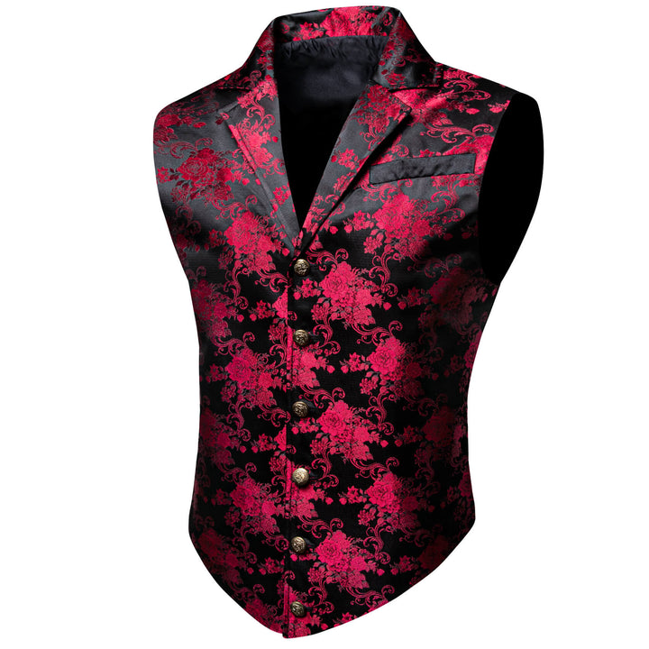 Red Jacquard Floral Silk Notch Collar Vest