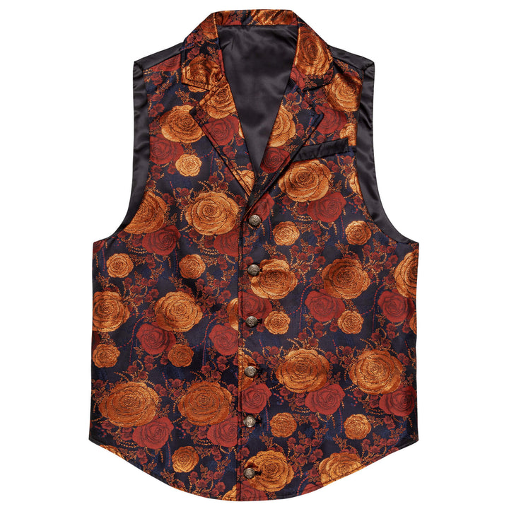 Orange Woven Floral Silk Notch Collar Vest