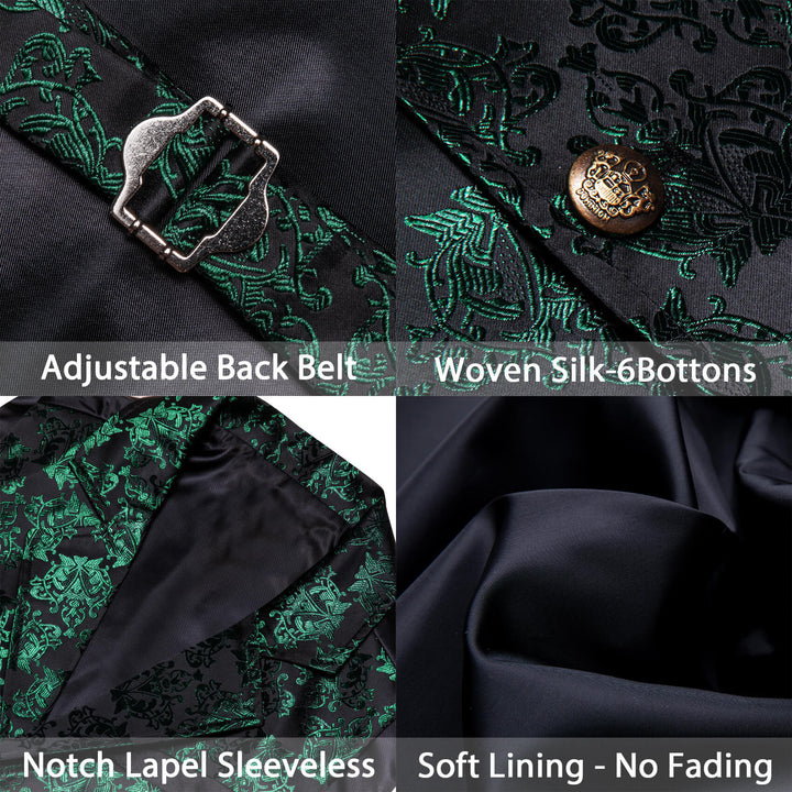 Dark Green Black Floral Silk Waistcoat Suit Vest