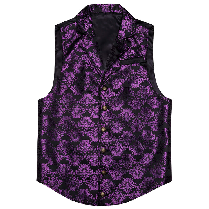 Dark Purple Jacquard Black Floral Silk Waistcoat Suit Vest