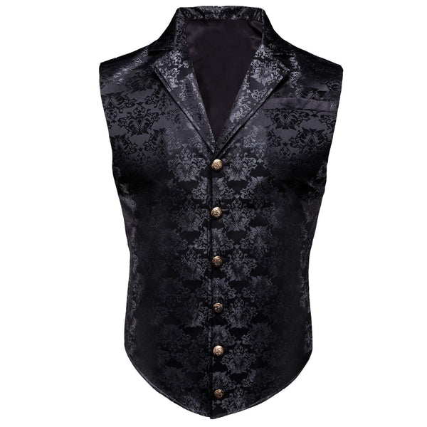  Silver Black Woven Floral Silk Waistcoat Suit Vest