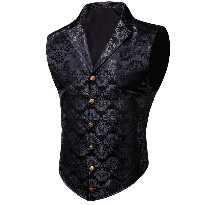  Silver Black Woven Floral Silk Waistcoat Suit Vest