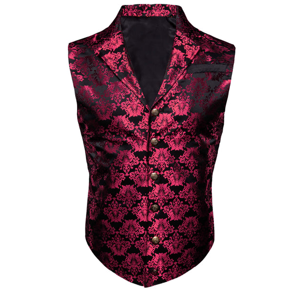  Black Ruby Red Jacquard Floral Silk Suit Vest