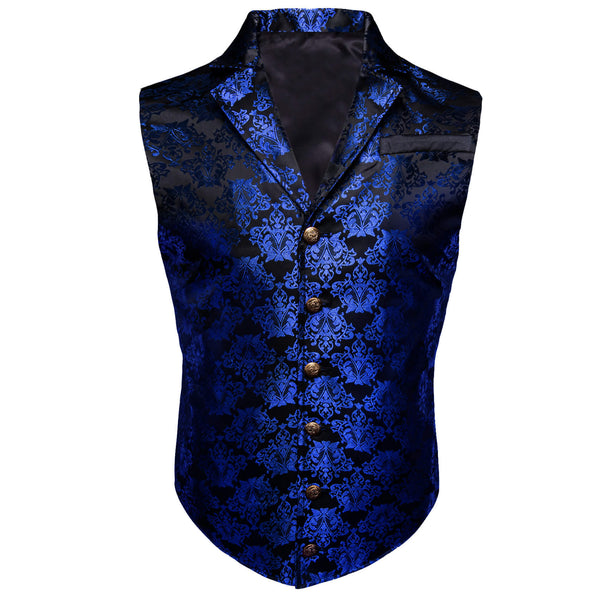 Black Medium Blue Jacquard Floral Silk Suit Vest