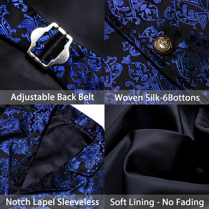 Black Medium Blue Jacquard Floral Silk Suit Vest