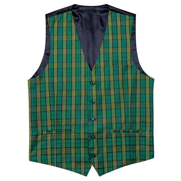 Deep Green Yellow Plaid Novelty Jacquard Men's Single Vest