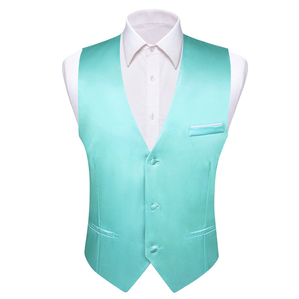 Aqua Blue Solid Satin Men's V-Neck Business Vest