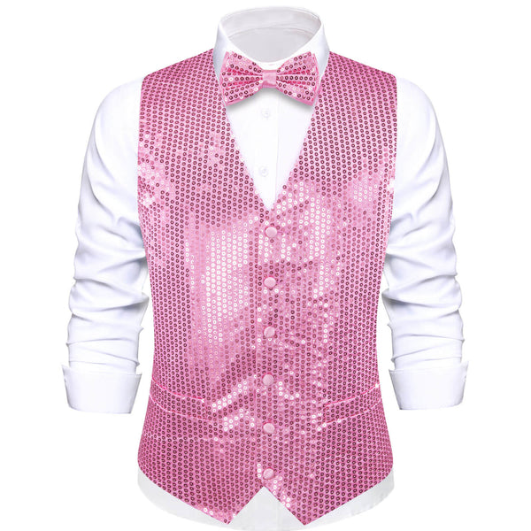 Shining Taffy Pink Sequins Vest Bow Tie
