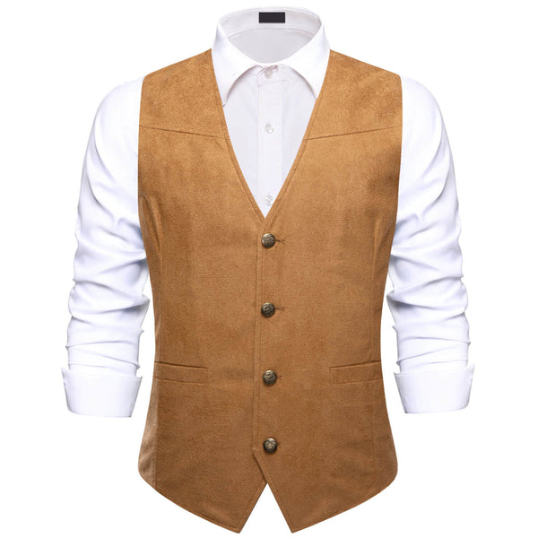 Copper Brown Suede Leather Solid Single Waistcoat