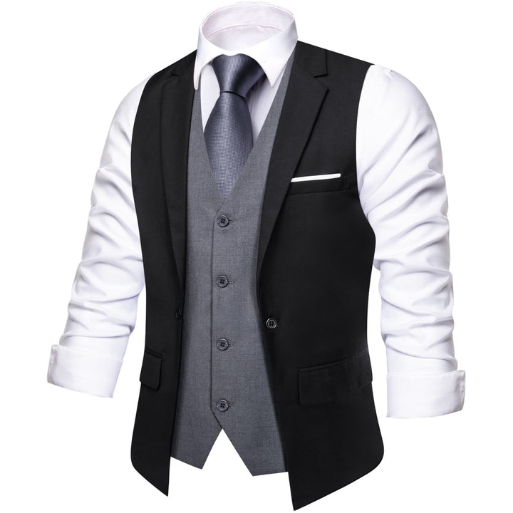 Layered Waistcoat Black Grey Splicing Collar Vest Dress Suit Vest