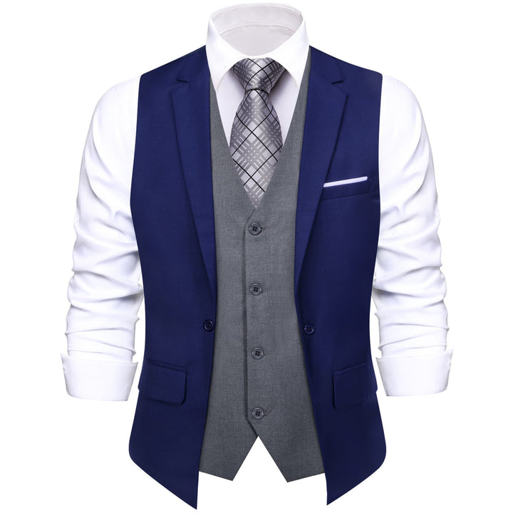 Layered Waistcoat Navy Blue Grey Splicing Collar Vest