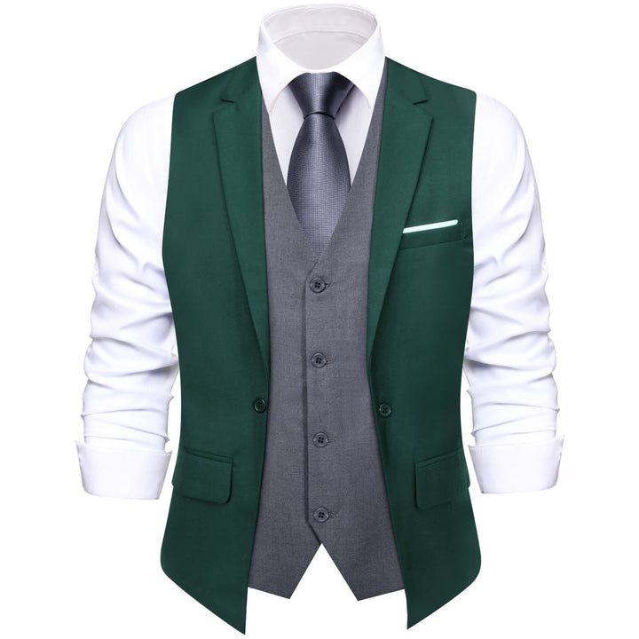 Layered Waistcoat Dark Green Grey Splicing Mens Formal Vest