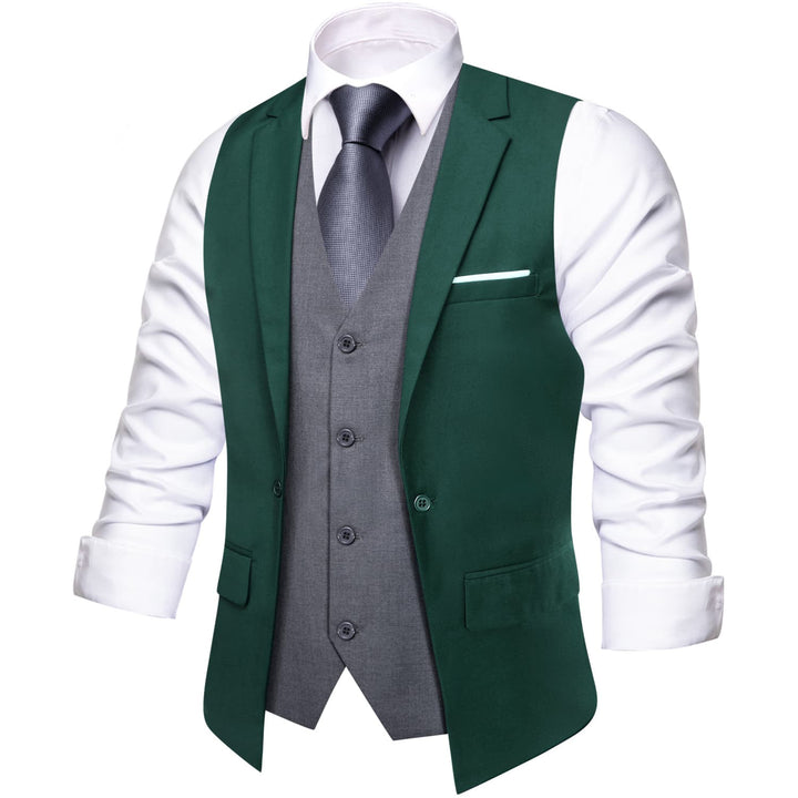 Layered Waistcoat Dark Green Grey Splicing Mens Formal Vest