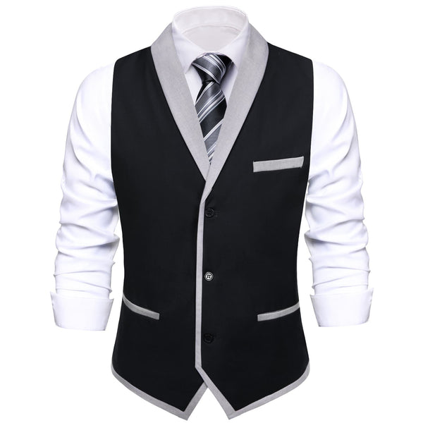  Solid Silk Black Waistcoat Shawl Collar Vest