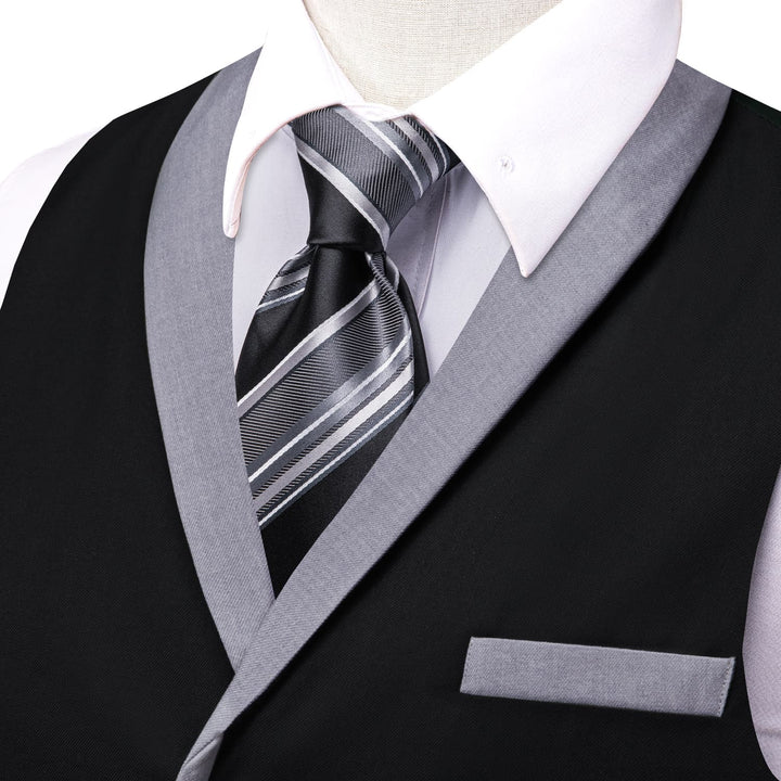  Solid Silk Black Waistcoat Shawl Collar Vest