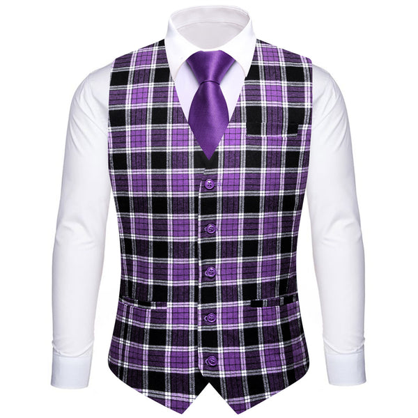 Ties2you Purple Black Plaid Pattern V-Neck Silk Vest