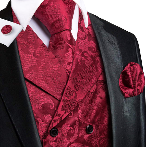 Ties2you Burgundy Floral Double Breasted Silk Mens Vest Hanky Cufflinks Tie Set