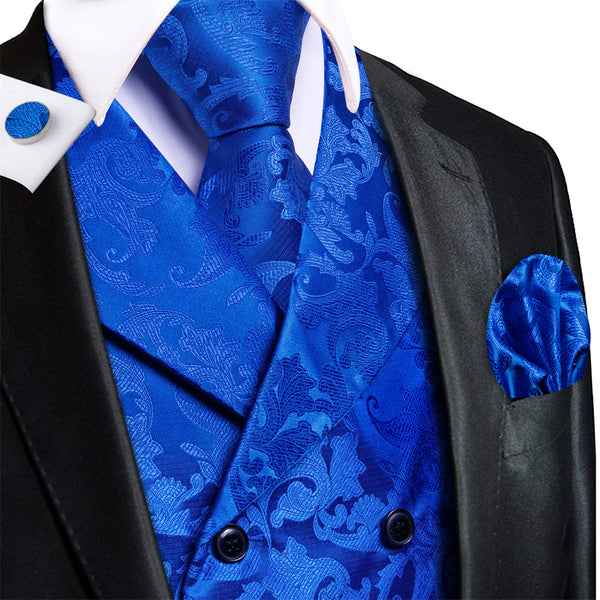 Ties2you Royal Blue Double Breasted Suit Vest Paisley Formal Vest Tie Hanky Cufflinks Set