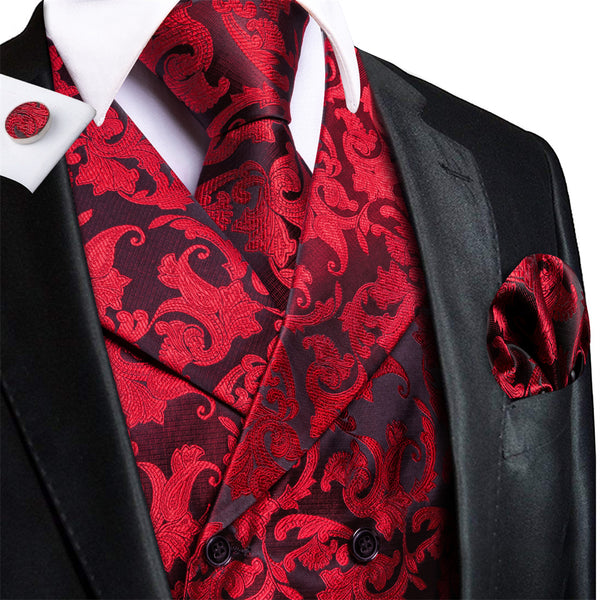 Ties2you Black Red Floral Double Breasted Silk Mens Vest Hanky Cufflinks Tie Set