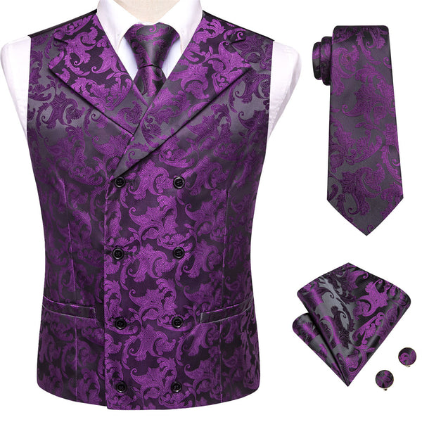 Ties2you Black Purple Floral Double Breasted Silk Mens Vest Hanky Cufflinks Tie Set