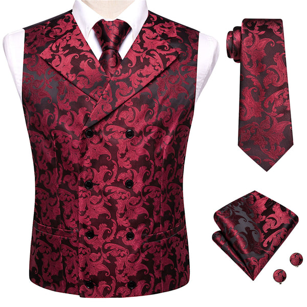 Ties2you Burgundy Floral Double Breasted Silk Mens Vest Hanky Cufflinks Tie Set
